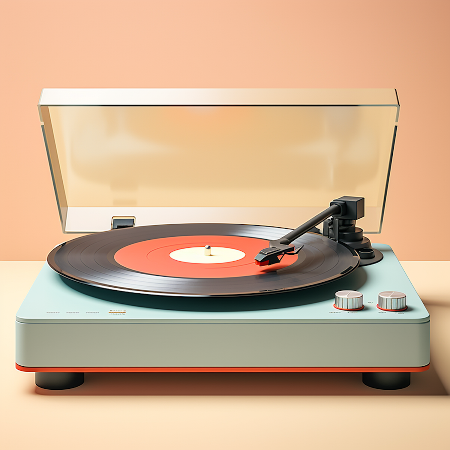 A retro turntable with a vinyl record spinning under a raised dust cover