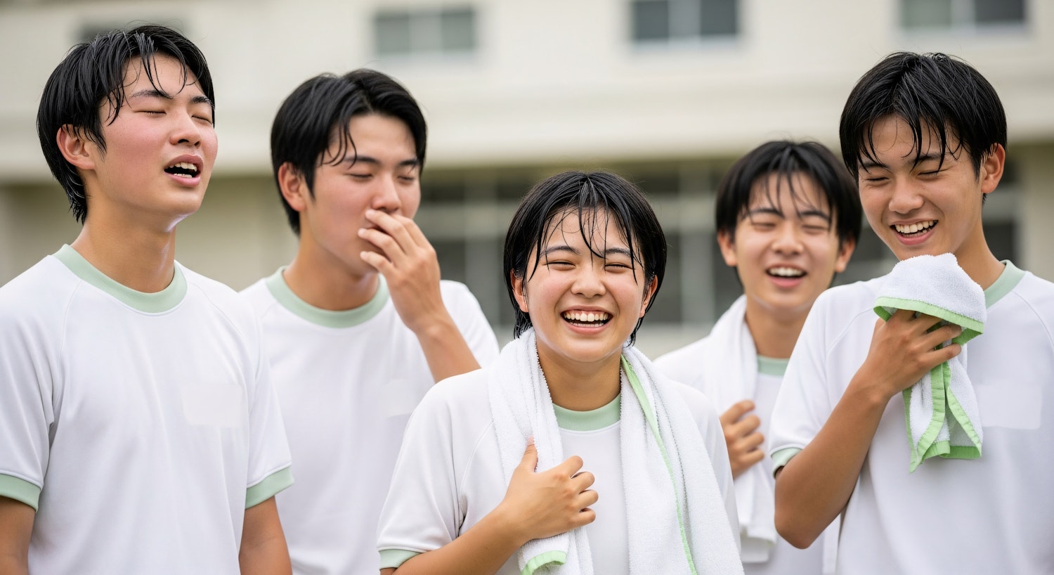 A group of people in white sports kit laughing together after a game