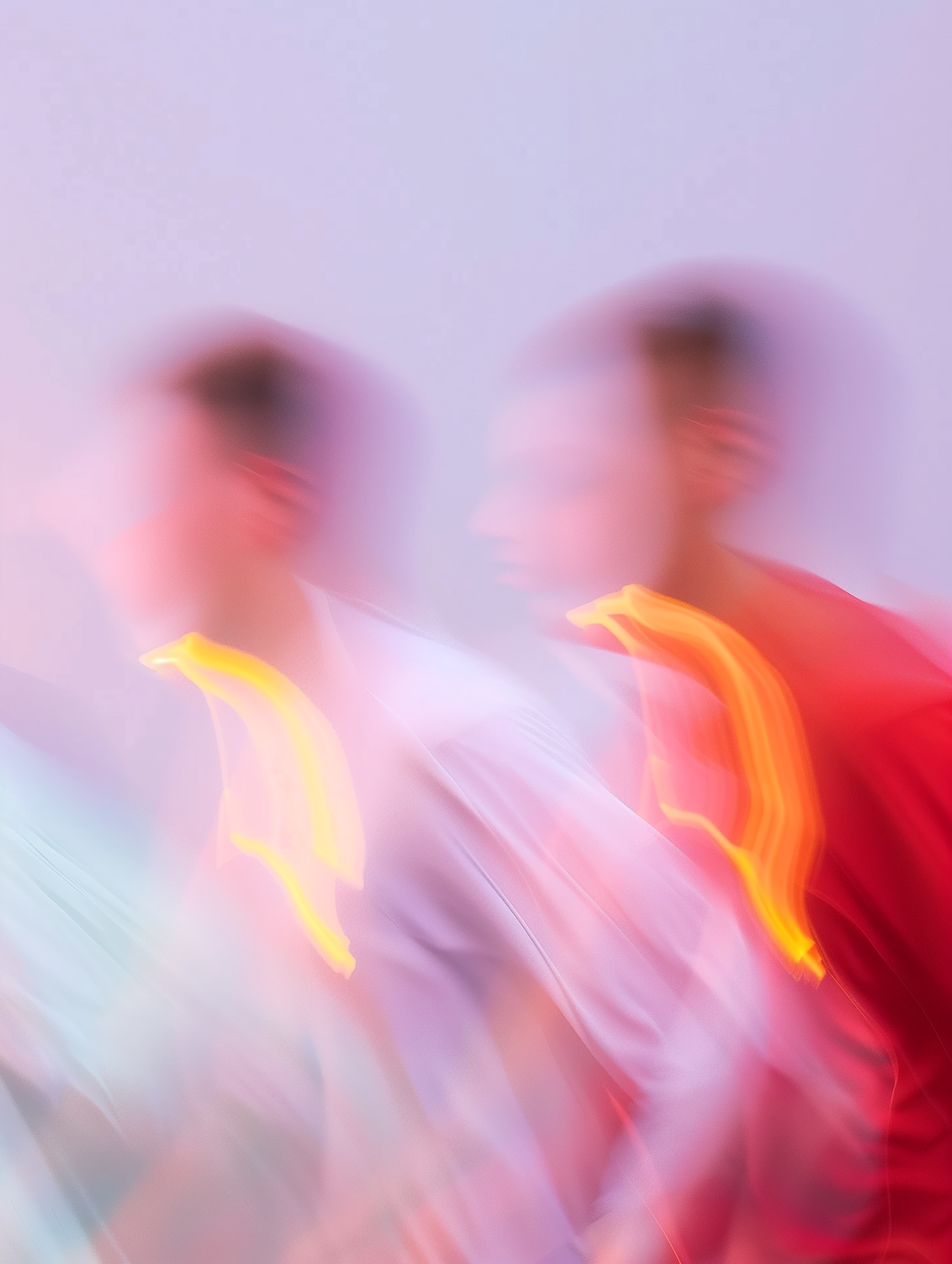 Motion-blurred figures moving under streaks of neon light